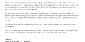 Developer Wilroad has sent letters to residents in Glebe seeking to buy their homes.