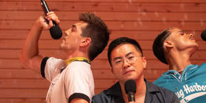 Matt Rogers,Bowen Yang and Tomas Matos in a scene from the movie.