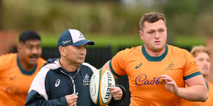 Eddie Jones watches over a Wallabies’ training session in Melbourne on Friday ahead of the Bledisloe Cup.