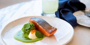 King Ora salmon with a velvety pea veloute and creme fraiche.