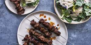 Brined,glazed and barbecued beef skewers with a bitter leaf salad with horseradish and lemon. 
