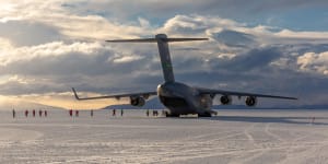 The arrival of the C17 marks the start of the summer Antarctic season in Christchurch. Seen here at Phoenix Air Field on the Ross Ice Shelf.