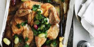 Flat-roasting saves time and makes the chicken more crisp.