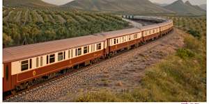 The long and luxurious train,all 450 metres of it,with two locomotives to move the 15 cars.