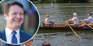 A rowing boat passes spectators on the river bank on the opening day of the 2019 Henley Royal Regatta alongside the river Thames,and inset,Tony George,headmaster at King’s School.