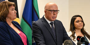 Opposition Leader Peter Dutton with the newly promoted Kerrynne Liddle (left) and Jacinta Nampijimpa Price on Tuesday,April 18,two weeks after announcing the Liberal party would formally oppose the Voice. 