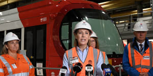 NSW Transport Minister Jo Haylen (centre) announces the start of testing on the Parramatta Light Rail on Thursday. 