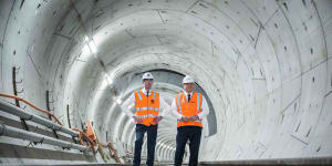 Premier Dominic Perrottet and Transport Minister David Elliott inspect the Sydney Metro City tunnels.