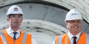 Premier Dominic Perrottet and Transport Minister David Elliott inspect the Sydney Metro City tunnels last year.