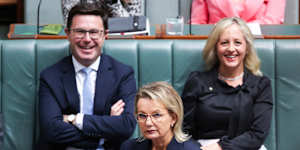 Nationals leader David Littleproud,opposition spokeswoman for communications Melissa McIntosh sit behind Opposition leader Sussan Ley during question time.