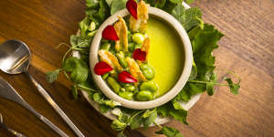Steamed custard with peas,broad beans and tempura zucchini at Babae.
