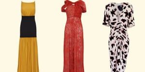 Bassike’s Cross Back Rib Insert Dress. Bianca Spender’s Spiced Red Demeter Lace Gown Pursuit,Pieta Floral Bellini Dress.