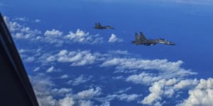Chinese fighter jets conduct a joint combat training exercises around the Taiwan Island on Sunday.