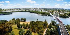 An artist’s impression of the second stage of the light rail line over Parramatta River between Melrose Park and Wentworth Point.
