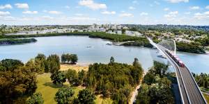 An artist’s impression of the second stage of the light rail line over Parramatta River between Melrose Park and Wentworth Point.