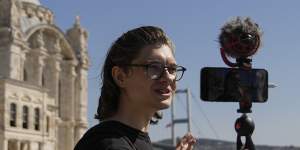 Russian YouTube vlogger Niki Proshin,28,shoots a video log for his YouTube channel in Istanbul,where Russians have flocked to since the mobilisation.