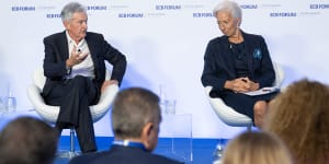 US Federal Reserve chairman Jerome Powell and ECB president Christine Lagarde on stage at the ECB Forum in Portugal.