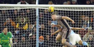 Tottenham’s Dejan Kulusevski,foreground right,scores his side’s third goal during the English Premier League match against Manchester City.