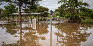 Damage to a playground on Chifley Drive on Saturday after the Maribyrnong River flooded.