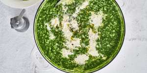 Risotto swirled with spinach puree and topped with creamy stracciatella.