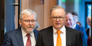 Australian ambassador to the US Kevin Rudd and Prime Minister Anthony Albanese in Washington on Monday.