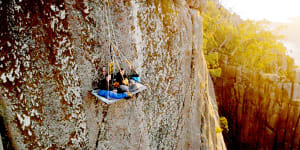 Sweet dreams ... overnight on the portaledge suspended over a sheer 300 metre cliff face in the Mount Buffalo gorge.