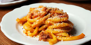 SYDNEY,AUSTRALIA,GOODFOOD,JANUARY 17:Bucatini all'amatriciana at Alberto's Lounge on JANUARY 17,2019 in Sydney,Australia. (Photo by Christopher Pearce/SMH)