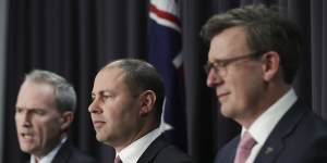 Mr Frydenberg with Population Minister Alan Tudge and Immigration Minister David Coleman following a meeting of the nation's treasurers on Friday.