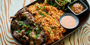 Jollof rice with meat at The African Calabash.