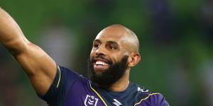 Josh Addo-Carr thanks the crowd after Friday night’s win against Brisbane.