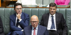 Nationals leader David Littleproud,Opposition Leader Peter Dutton and Shadow Treasurer Angus Taylor during Question Time at Parliament House in Canberra on Wednesday 14 February 2024. fedpol Photo:Alex Ellinghausen