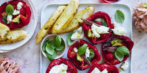 Italian-style capsicum halves topped with mozzarella,anchovy and basil.