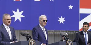 Anthony Albanese,Joe Biden and Rishi Sunak at an AUKUS announcement in San Diego in March 2023.