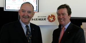 Ian Kiernan (left),chair of what was then known as the Gosford Spirit Sports and Leisure Group,with Australian Soccer Association chief John O’Neill at the A-League club unveiling in 2004.