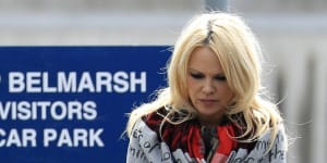 Pamela Anderson leaves Belmarsh Prison in south-east London after visiting WikiLeaks founder Julian Assange.