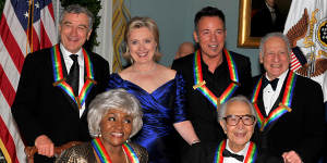 2009 Kennedy Center honorees (left to right,front row) Grace Bumbry and Dave Brubeck. Back Row:Robert De Niro,Bruce Springsteen (3rd from left) and Mel Brooks with US Secretary of State Hillary Clinton (second from left).