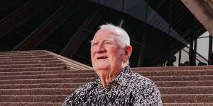 Former carpenter Denis O’Mara,on the steps of the Sydney Opera House,which he helped build.