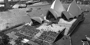 Crowds at the 1973 opening of the Sydney Opera House. 
