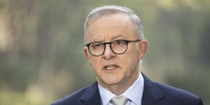 Prime Minister Anthony Albanese during a press conference in New Delhi,India,on Friday 10 March 2023. 