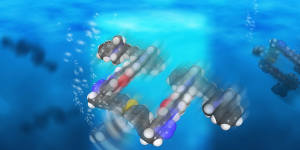An artist's impression of Rice University's light-driven,single-molecule submersibles that contain just 244 atoms.