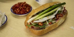 Pork banh mi roll served at Banh Mi Bay Ngo in Bankstown.