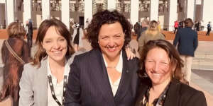 Kooyong MP Monique,her newly appointed chief of staff Sally Rugg and electoral officer Tamar Simons at the opening of the 47th parliament.