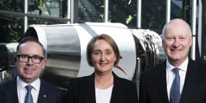 Qantas chair Richard Goyder (right) and Vanessa Hudson (centre),who will take over from CEO Alan Joyce (left).
