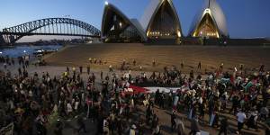 Three demonstrators were arrested after a pro-Palestine rally outside the Opera House on October 9,when anti-Jewish epithets were hurled into the night air.