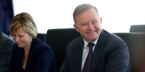 Leader of the Opposition Anthony Albanese talks during a full shadow ministry meeting in Perth