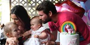 Bethan McElwee and her husband Johnny with Aviana and their niece at Aviana's first birthday party at their home in Darwin.