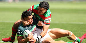 The moment Savelio Tamale froze while scoring a try for Canberra.