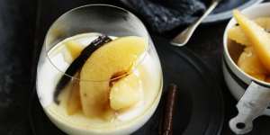 Vanilla and buttermilk panna cotta with poached quinces.