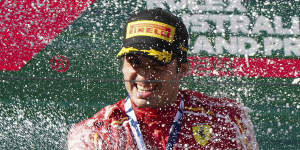 Ferrari’s Carlos Sainz celebrates his win in the Australian Grand Prix.