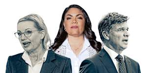 Jacinta Price,centre,has rocked the Liberal leadership race between Sussan Ley and Angus Taylor by switching to the party.